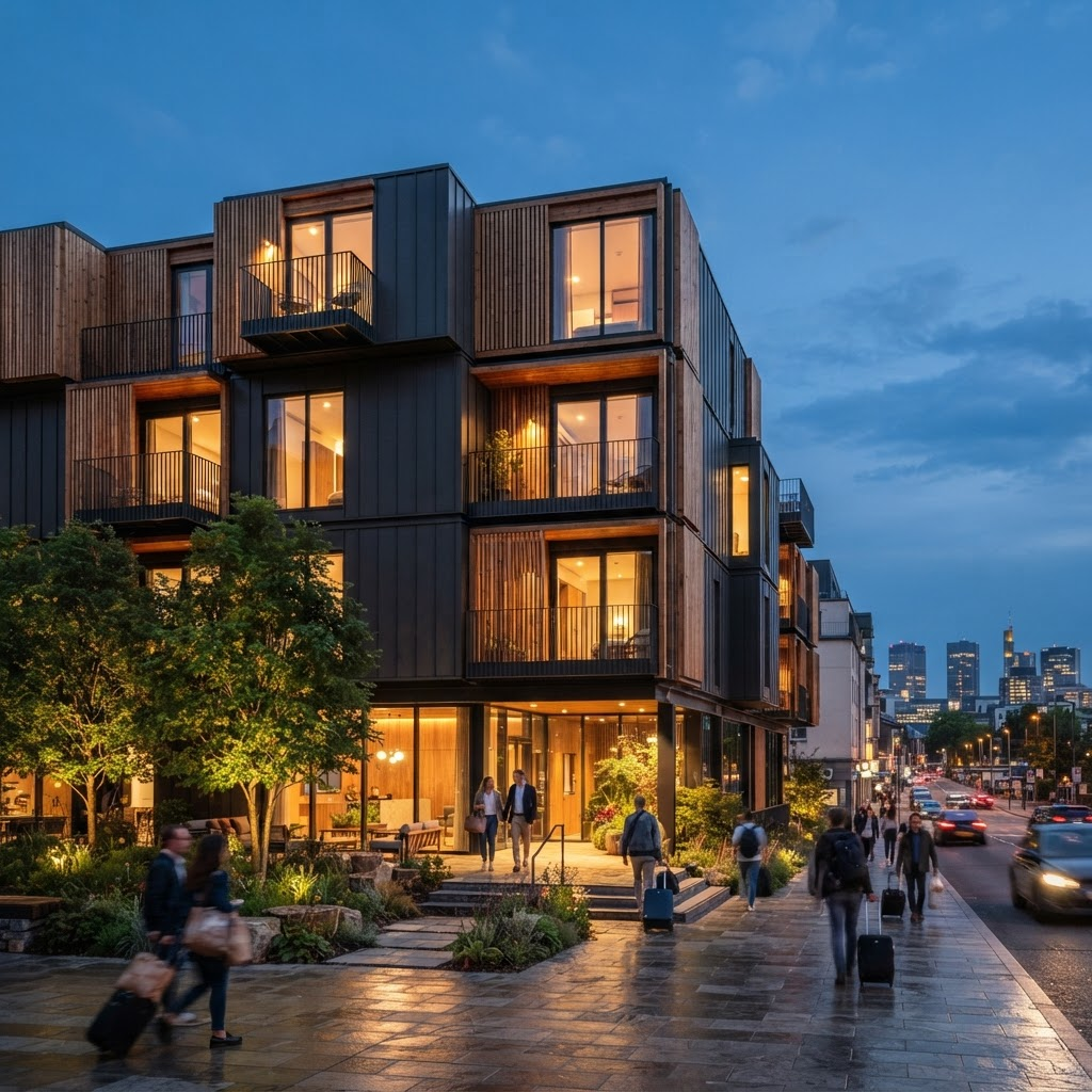 Modular hospitality building concept render at dusk